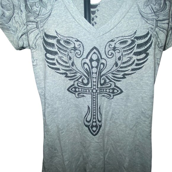 Laculture Angel Wing Cross Y2K Goth Grunge Short Sleeve VNeck Bodycon Mini Dress - Picture 2 of 8